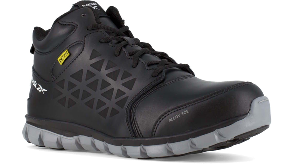Reebok Sublite Cushion Athletic Mid Cut, Alloy Toe Work Shoe - Mens, Wide, CushGuard Metatarsal Guard, Black, 4, 690774456235