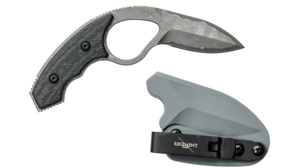 Regiment Blades Low Viz Pro Damascus Limited Series Mod 1 Fixed Blade Knife, 2.3in, Steel, Black/Grey Handle, Black/Gray, 6inch, RB-LVP-LDM1
