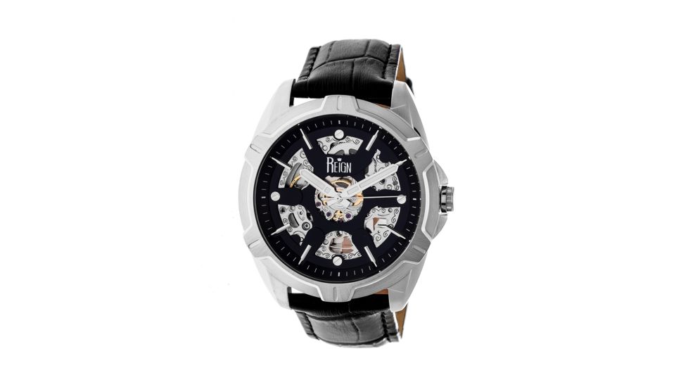 Reign Carlisle Automatic Skeleton Dial Leather-Band Watch, Silver/Black, Standard REIRN4204