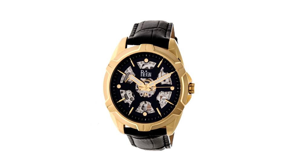 Reign Carlisle Automatic Skeleton Dial Leather-Band Watch, Gold/Black, Standard REIRN4205