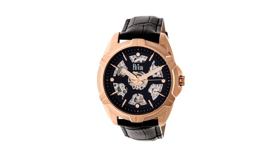 Reign Carlisle Automatic Skeleton Dial Leather-Band Watch, Rose Gold/Black, Standard REIRN4206