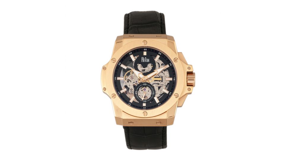 Reign Commodus Automatic Skeleton Leather-Band Watch, Rose Gold/Black, One Size, REIRN4005