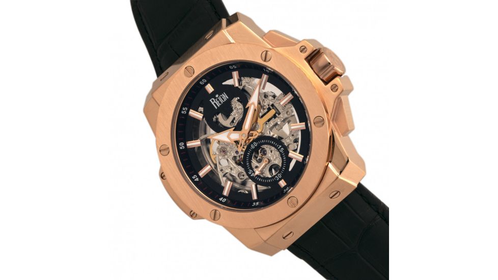 Reign Commodus Automatic Skeleton Leather-Band Watch, Rose Gold/Black, One Size, REIRN4005