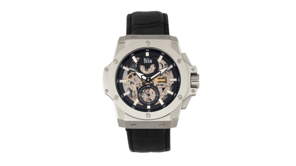 Reign Commodus Automatic Skeleton Leather-Band Watch, Silver/Black, One Size, REIRN4002