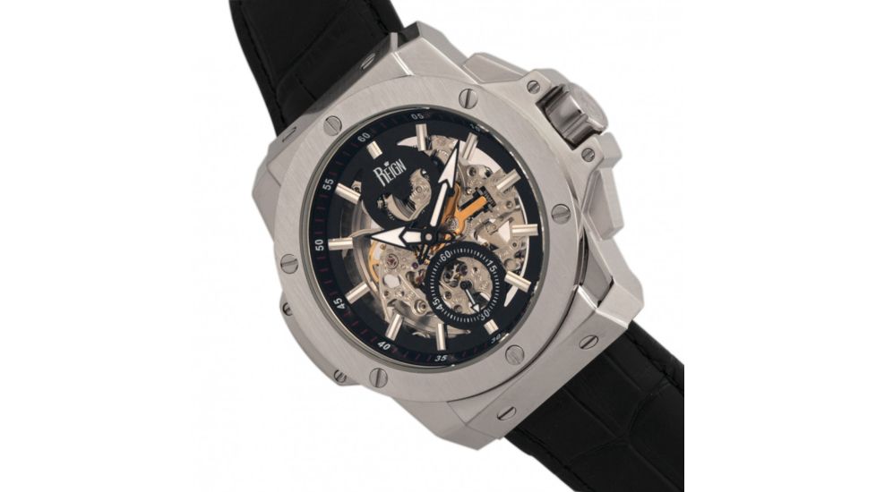 Reign Commodus Automatic Skeleton Leather-Band Watch, Silver/Black, One Size, REIRN4002