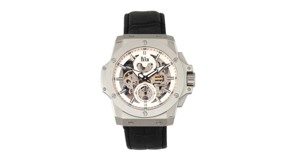 Reign Commodus Automatic Skeleton Leather-Band Watch, Silver, One Size, REIRN4001