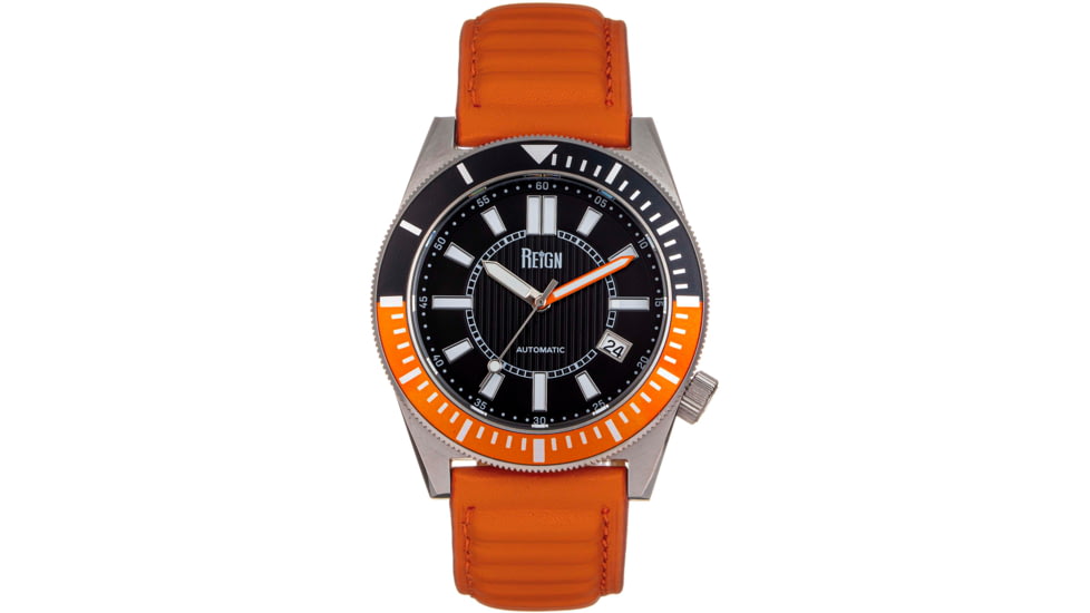Reign Francis Leather-Band Watch w/Date, Black/Orange, One Size, REIRN6305