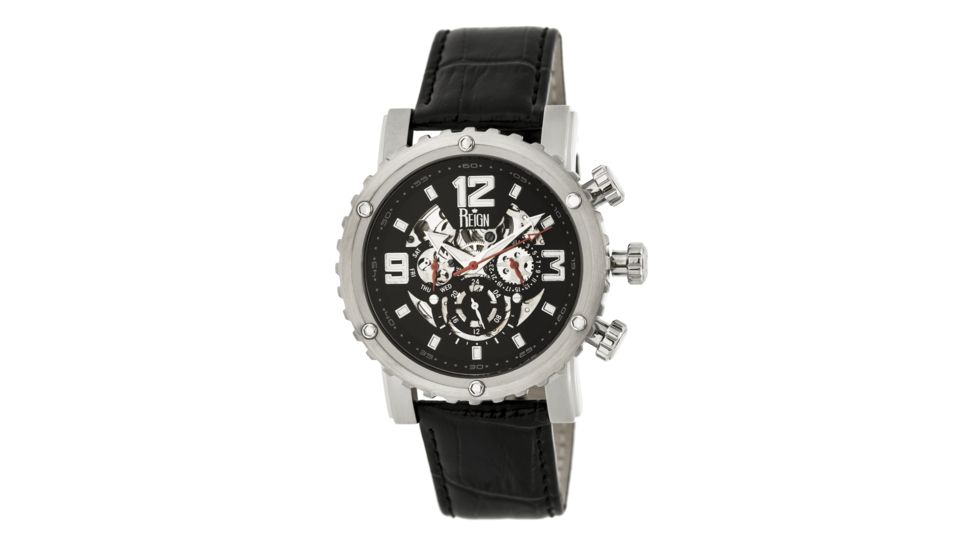 Mens Alpin Watch,45mm,Black Dial,Silver Bezel,Black Leather Strap