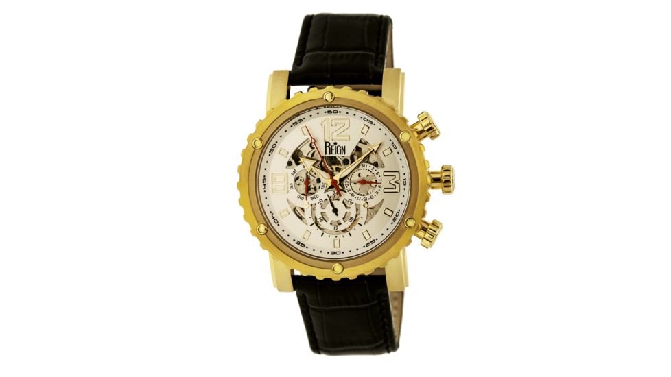 Mens Alpin Watch,45mm,White Dial,Gold Bezel,Black Leather Strap