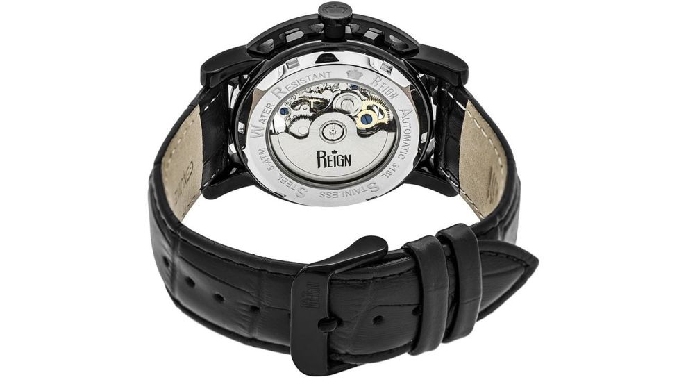 Reign Mens Stavros Automatic Skeleton Dial Crocodile-Embossed Leather Strap Watch Black Bezel, Black/Circle-shaped Case, Black/analog Dial, Black Hands REIRN3705