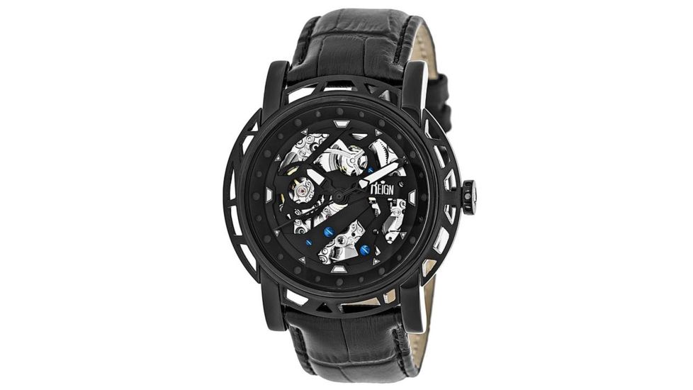 Reign Mens Stavros Automatic Skeleton Dial Crocodile-Embossed Leather Strap Watch Black Bezel, Black/Circle-shaped Case, Black/analog Dial, Black Hands REIRN3705