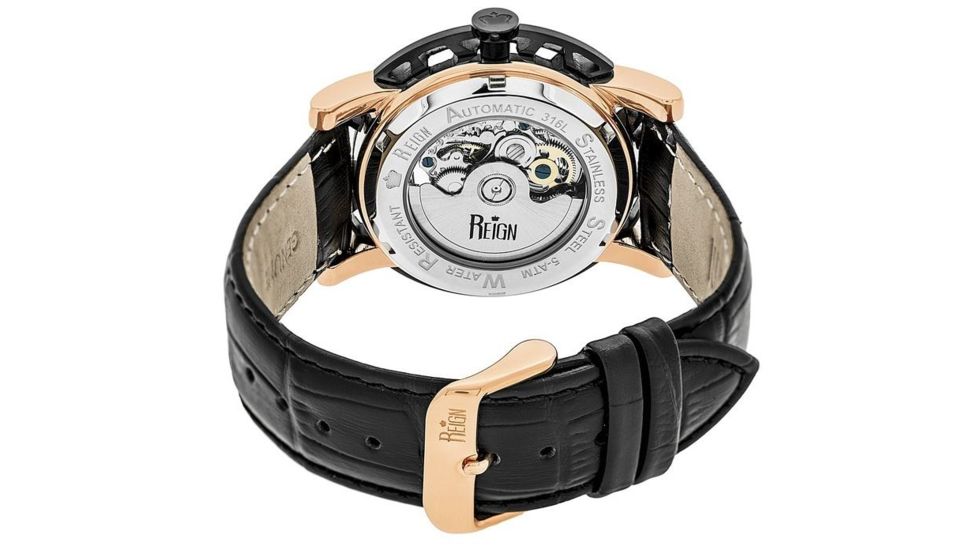 Reign Mens Stavros Automatic Skeleton Dial Crocodile-Embossed Leather Strap Watch Black Bezel, Rose Gold/Circle-shaped Case, Black/analog Dial, Rose Gold Hands REIRN3706