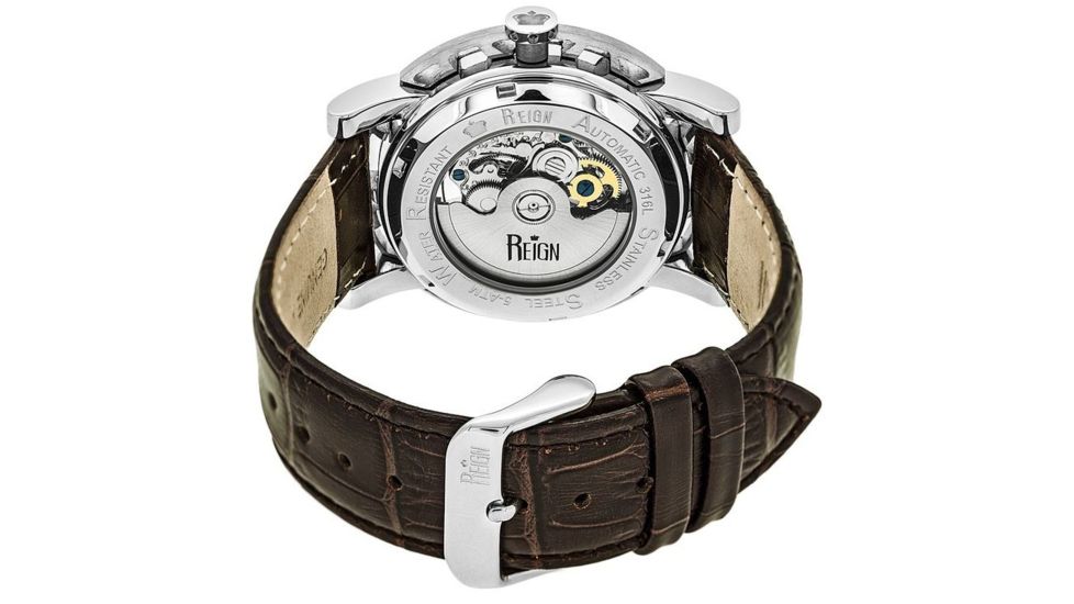 Reign Mens Stavros Automatic Skeleton Dial Crocodile-Embossed Leather Strap Watch Silver Bezel, Silver/Circle-shaped Case, Dark Brown/analog Dial, Silver Hands REIRN3701
