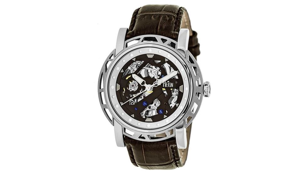 Reign Mens Stavros Automatic Skeleton Dial Crocodile-Embossed Leather Strap Watch Silver Bezel, Silver/Circle-shaped Case, Dark Brown/analog Dial, Silver Hands REIRN3701