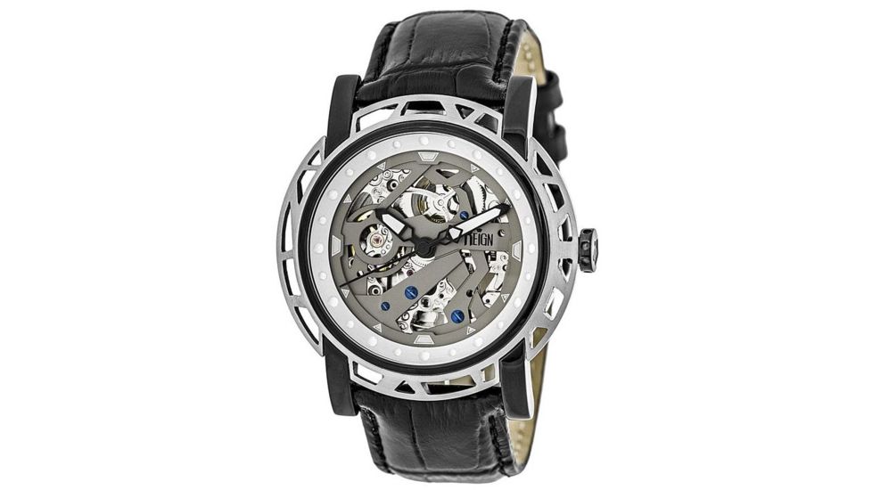 Reign Mens Stavros Automatic Skeleton Dial Crocodile-Embossed Leather Strap Watch Silver Bezel, Black/Circle-shaped Case, Grey/analog Dial, Black Hands REIRN3704