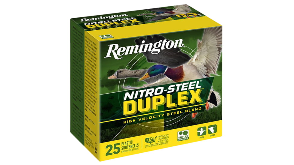 Remington Nitro Steel Duplex 12 Gauge 1 1/4oz 3in 2x4 Shotgun Ammo, Steel 1450 FPS, 25 Rounds, R20321