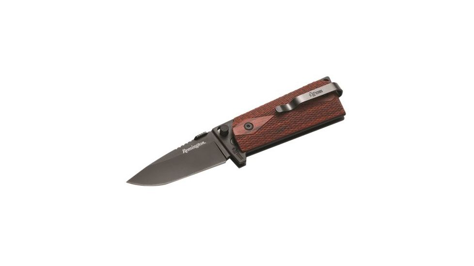 Remington Model 1911 Officer's Fold Knife, black titanium finish, 1911 style checkered rosewood handle R17553