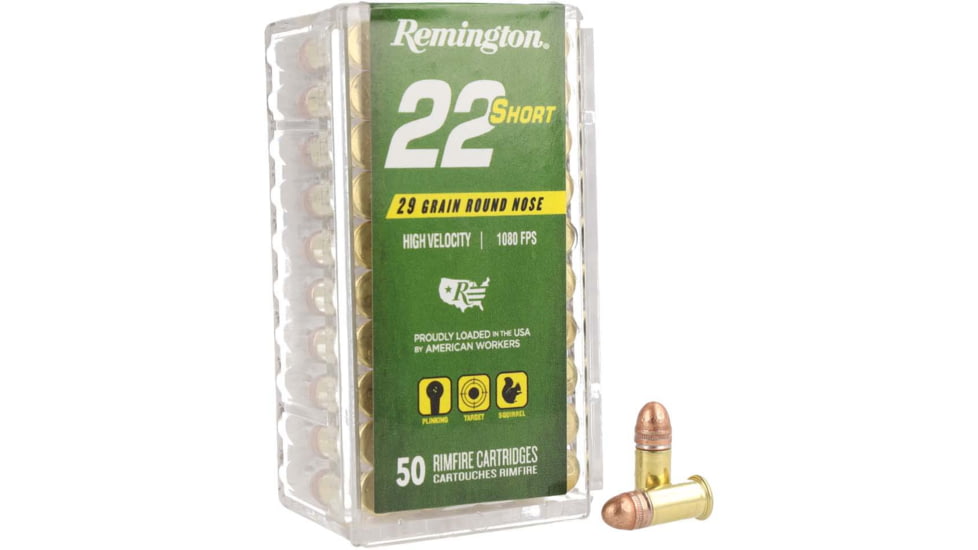 Remington 22 Short .22 Short 29 Grain Copper Plated Full Metal Jacket Brass Round Nose Pistol Ammo, 50 Rounds, R21002