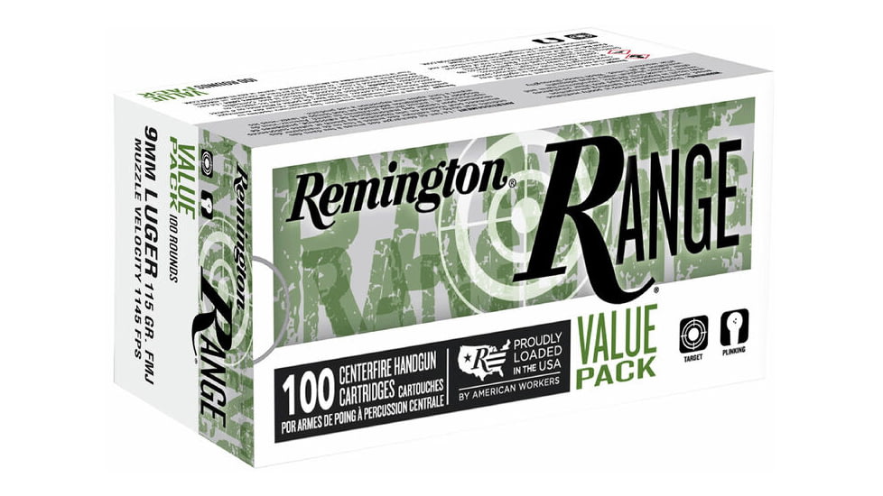 Remington 9Mm Luger 115 Grain Full Metal Jacket Range Pistol Ammo, 100 Rounds, R23979