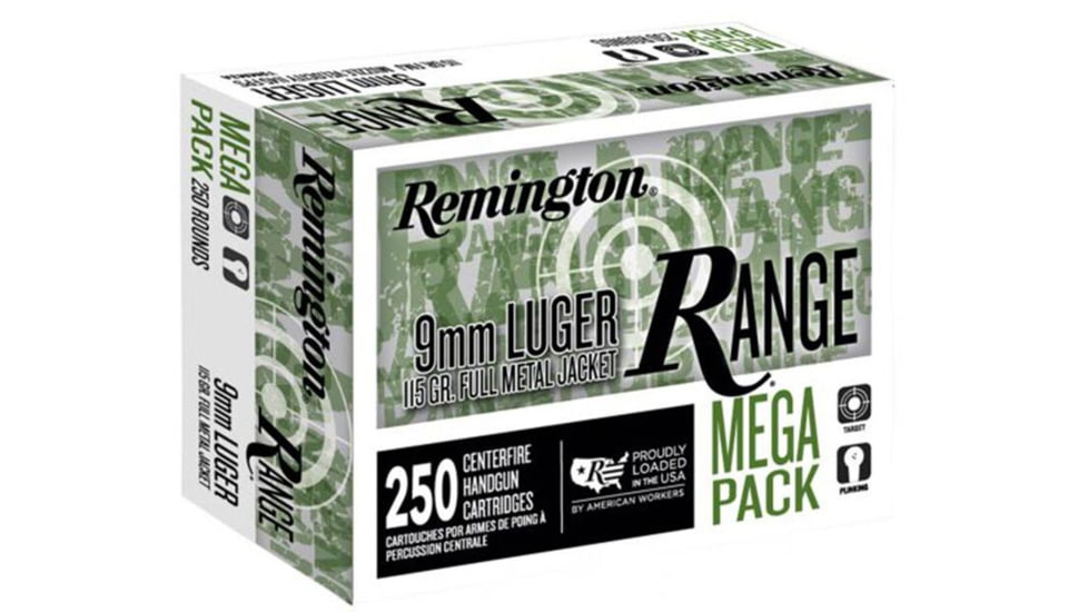 Remington 9Mm Luger 115 Grain FMJ Range Centerfire Pistol Ammo, 250 Rounds, R23965