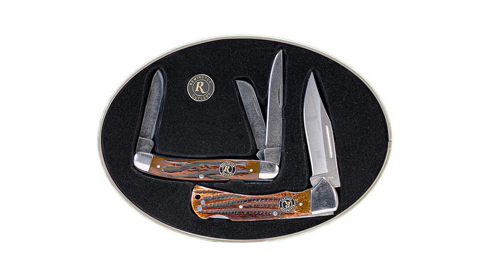 Remington Tin Collector 2-Knife Gift Set, American Tradition Set, 3 1/2in Lockback, Stockman, Stone Washed V-Flat Blades, Coffee Brown Bone Handle, 15682