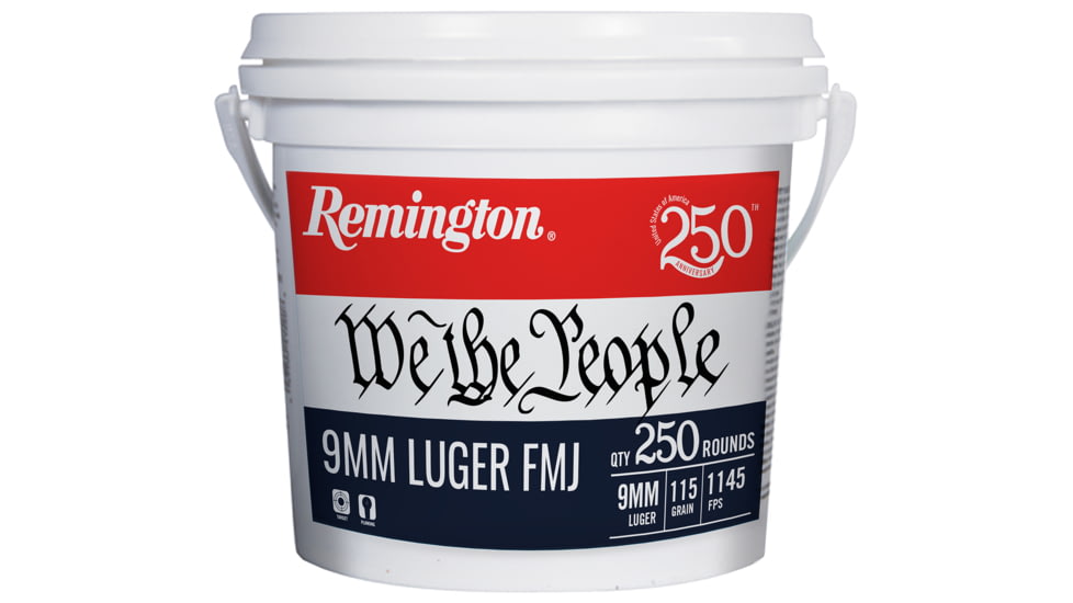 Remington We The People Bucket 9mm Luger 115 Grain Full Metal Jacket Pistol Ammunition, 250 Round, 250, 21385