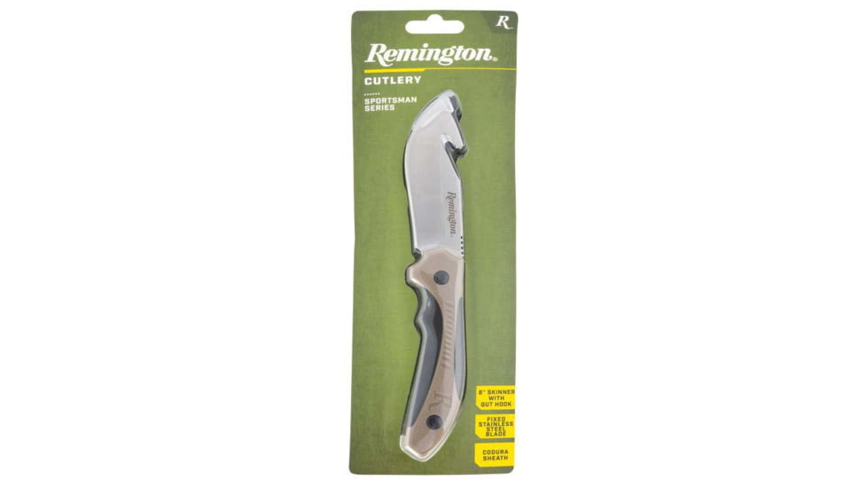 Remington Sportsman 8in Skinner Fixed Blade Knife w/Gut Hook, 440 Stainless Steel, V-Flat Stonewashed Blade, Tan/Black Molded Handle, 15676