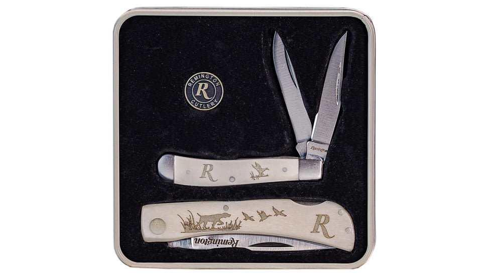 Remington Tin Collector 2-Knife Gift Set Folding Knife, Mallard Duck Set, 2.75in Peanut, 3 1/2in Lockback, 8Cr13Mov Stainless Steel V-Flat Blades, White Bone Handle w/ Etched Waterfowl Scene, 15686