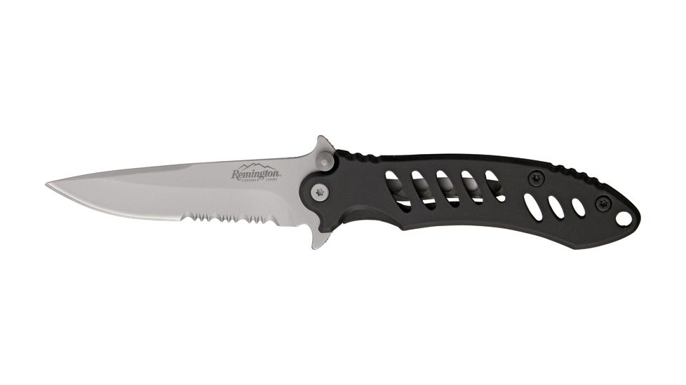 Remington Large FAST Fold Knife, 440 stainless partially serrated clip point black , Stainless handles with black rubber overcoat R18220
