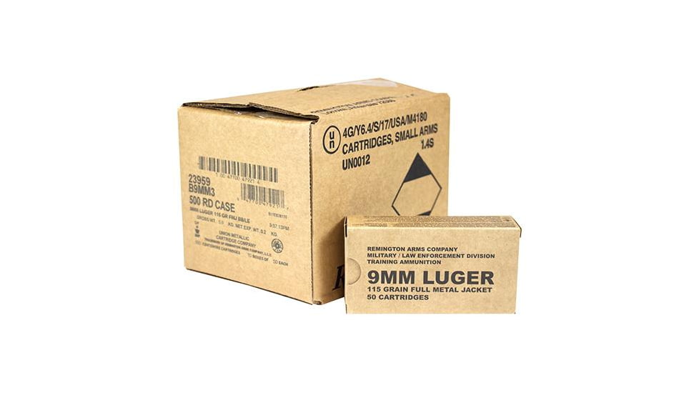 Remington Military/Law Enforcement Training Ammunition 9mm 115 gr FMJ 1145 fps 1000/ct, 23959C