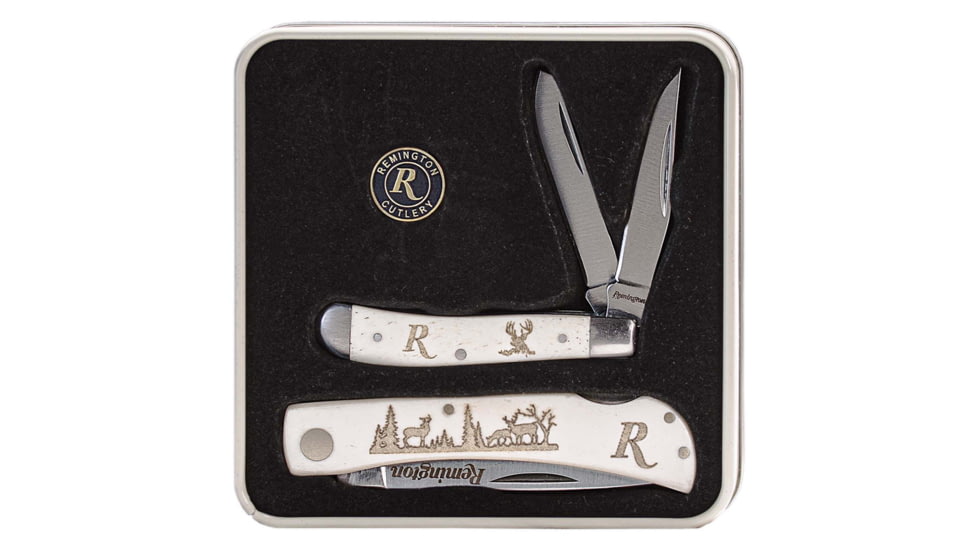 Remington Tin Collector 2-Knife Gift Set, Mule Deer Set, 2 3/4in Peanut, 3 1/2in Lockback, 8Cr13Mov Stainless Steel V-Flat Blades, White Bone Handle with etched Mule Deer scene, 15685