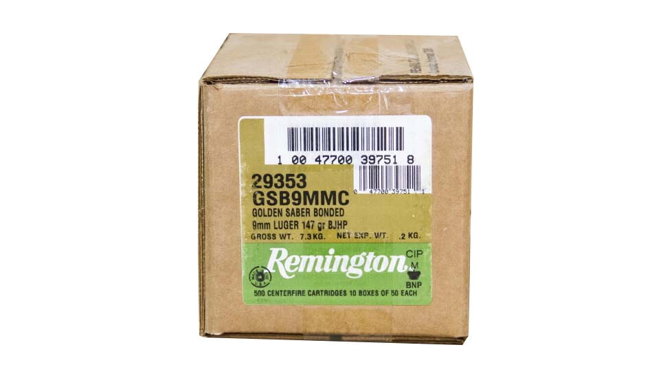 Remington Premier Golden Saber 9mm Luger 147 Grain Bonded Brass Jacketed Hollow Point Nickel-Plated Brass Cased Pistol Ammo, 500 Rounds, 29353