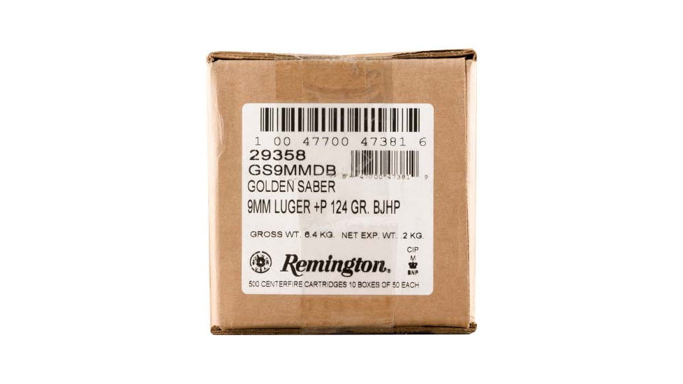 Remington Premier Golden Saber 9mm Luger +P Brass Jacketed Hollow Point Nickel-Plated Brass Cased Pistol Ammo, 500 Rounds, 29358
