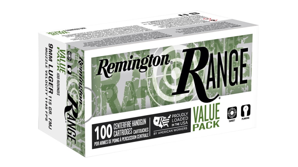 Remington Range 9mm Luger 115 Grain Full Metal Jacket Brass Cased Pistol Ammo, 100 Rounds, R23972