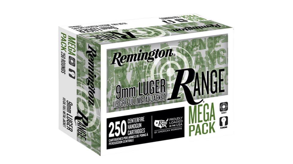 Remington Range 9mm Luger 115 Grain Full Metal Jacket Brass Cased Pistol Ammo, 250 Rounds, R23975