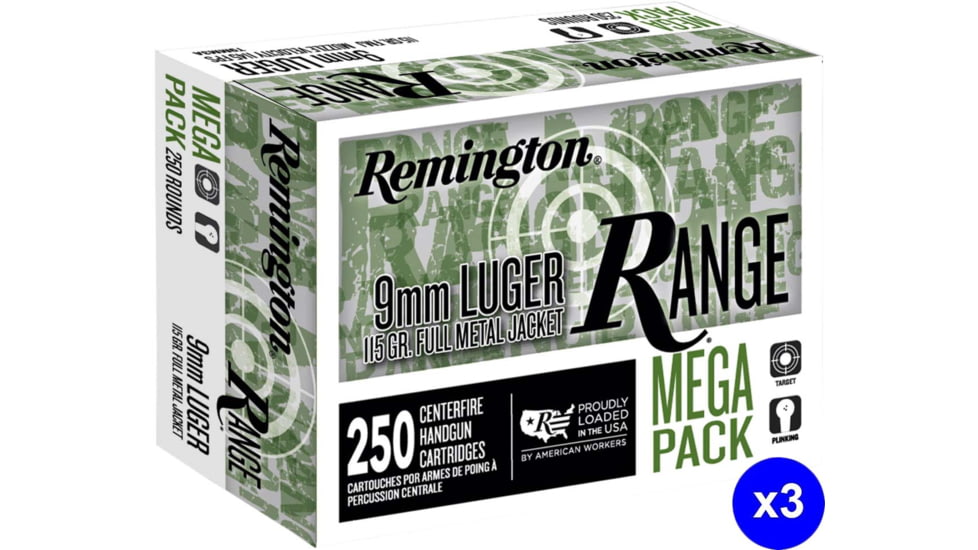 Remington Range 9mm Luger 115 Grain Full Metal Jacket Brass Cased Pistol Ammo, 750 Rounds
