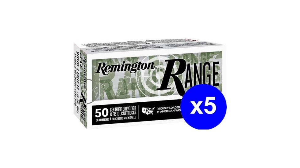 Remington Range 9mm Luger 115 Grain Full Metal Jacket Brass Cased Pistol Ammo, 250 Rounds
