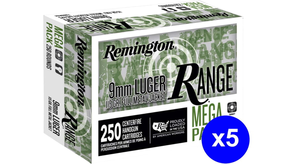 Remington Range 9mm Luger 115 Grain Full Metal Jacket Brass Cased Pistol Ammo, 1250 Rounds