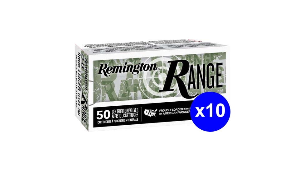 Remington Range 9mm Luger 115 Grain Full Metal Jacket Brass Cased Pistol Ammo, 500 Rounds