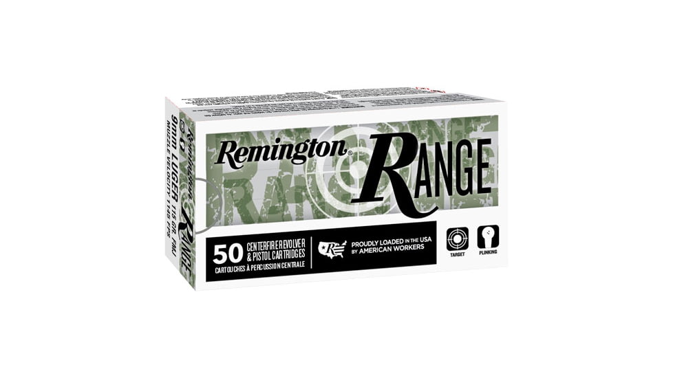 Remington Range 9mm Luger 115 Grain Full Metal Jacket Brass Cased Pistol Ammo, 50 Rounds, 28564
