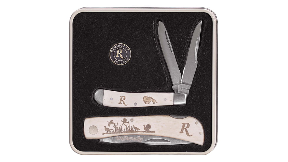 Remington Tin Collector 2-Knife Gift Set, Wild Turkeys Set, 2 3/4in Peanut, 3 1/2in Lockback, 8Cr13Mov Stainless Steel V-Flat Blades, White Bone Handle with etched wild turkey scene, 15687