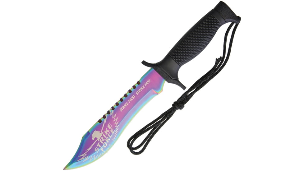 Renegade Tactical Steel Rainbow Tactical Bowie Knife, 12in Overall, 7in Spectrum Finish SS Sawback Blade, Black Checkered Synthetic Handle, Black Nylon Sheath, RT145