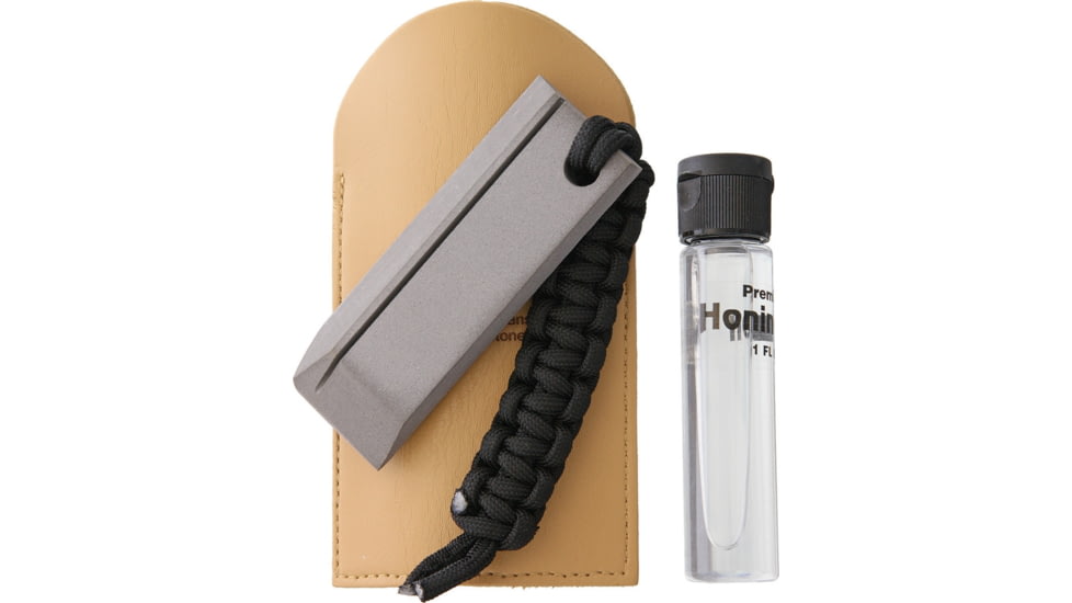RH Preyda Tactical Stone Hard Ark, 4in Overall, Hard Black Arkansas Stone With Black Cord Lanyard, Includes 1Oz Bottle Premium Honing Oil, Brown Leather Sleeve, Boxed With Hanging Tab, Black, 30499