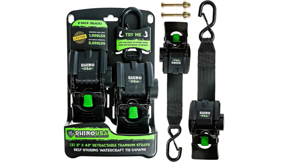 Rhino USA 2x43in Retractable Transom Tie-Down Straps 2-Pack, Powder Coat, Black, One Size, TD-MSTR2X43-BLK