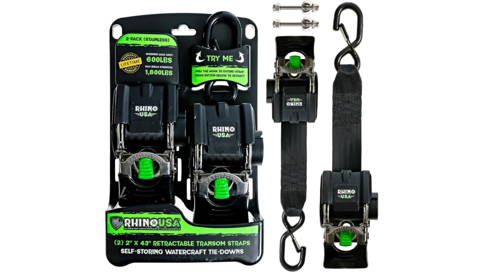 Rhino USA 2x43in Retractable Transom Tie-Down Straps 2-Pack, Stainless Steel, Black, One Size, TD-MSTR2X43-STNLS