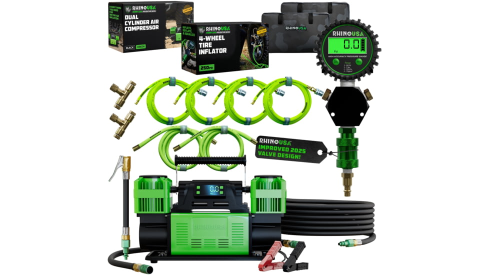 Rhino Usa Dual Air Compressor + 4-Wheel Inflator Bundle, AC-COMP-TI4W-GRN