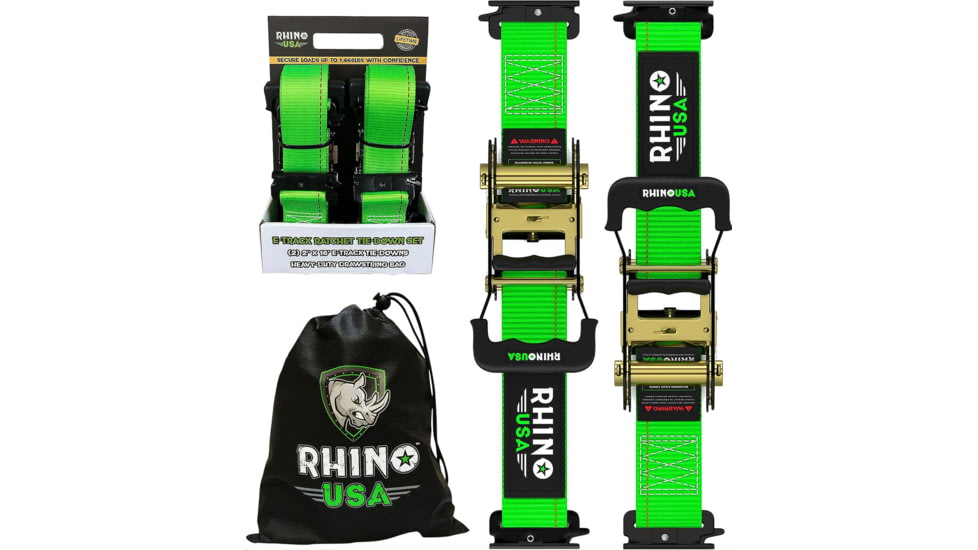 Rhino USA E-Track Ratchet Tie-Down Straps, 2 per Pack, Green, 2inch x 16 ft, TD-SSET2X16-GRN