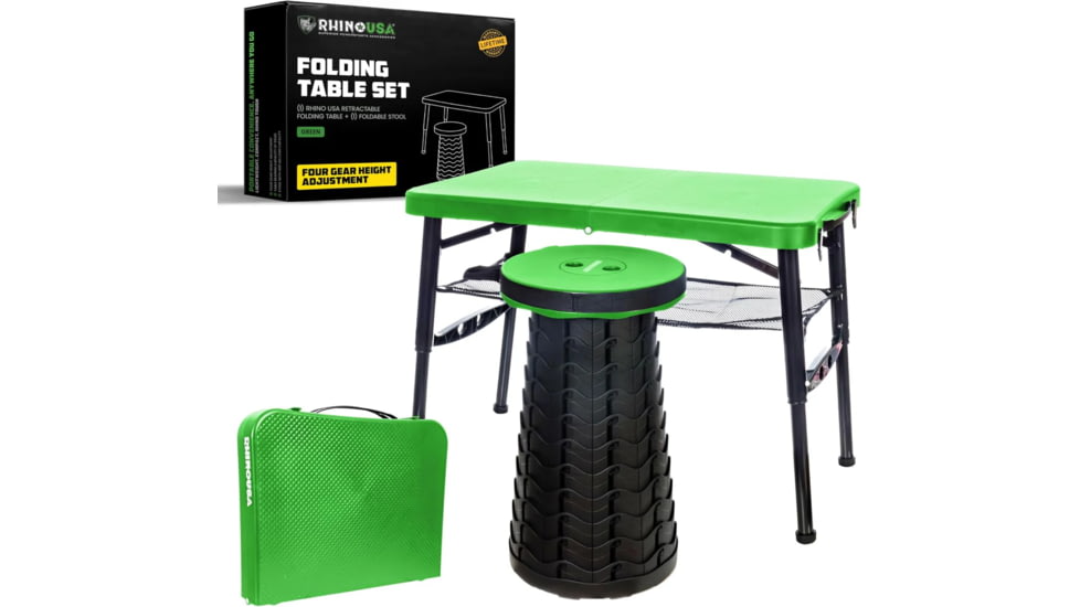 Rhino USA Folding Camping Table w/ Stool Set, Green, One Size, CA-FRTABSTL-GRN