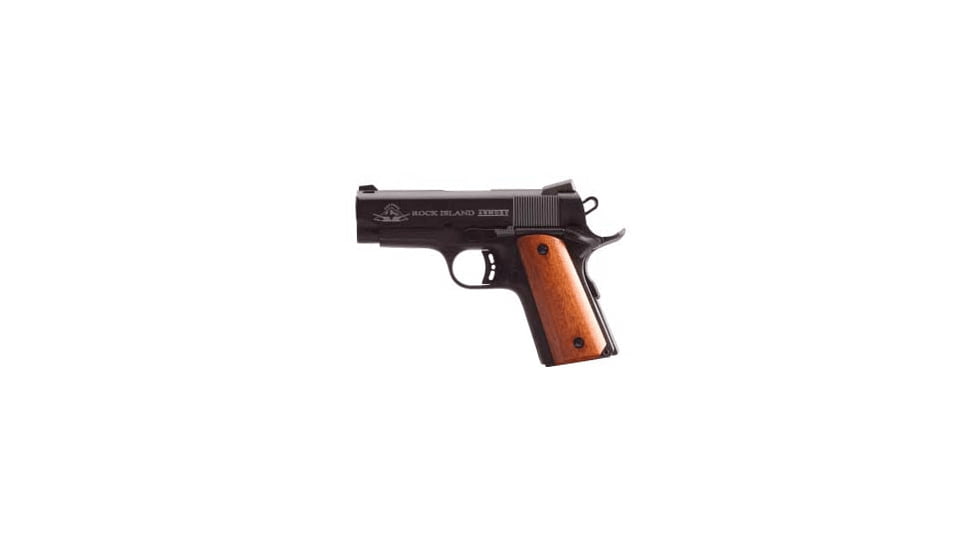 Rock Island Armory 1911-Compact-Tactical Pistol, 9mm Luger, 3.5 in barrel, parkerized steel frame, smooth wood grip, recoil operated semi-automatic, single-action, grip safety, manual thumb safety, low profile, 8 round magazine, RIA1911CPTTCTL2-FRRMPG