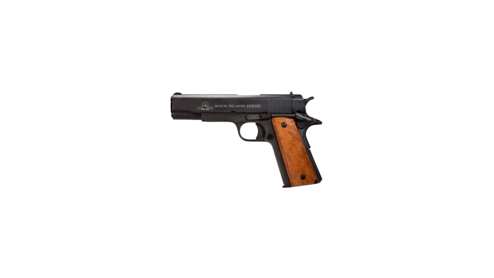 Rock Island Armory 1911-GI-Standard Pistol, 9mm Luger, 5 in barrel, parkerized steel frame, smooth wood grip, recoil operated semi-automatic, single-action, grip safety, manual thumb safety, fixed combat, 9 round magazine, RIA-1911-GI-STND-5-FRRMPG